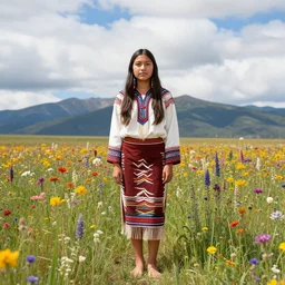 a teenage barefoot native american girl in native american clothing with long dark hair in a beautiful flat field of tall colorful flowers with big mountains in the distance during a cloudy day with a bright blue sky