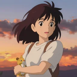 Friendly girl and small creature, sunset sky, made by Studio Ghibli, front lit, highly detailed art, beautiful scene, sharp focus, smooth, 8k, pixiv, edgy, anime art