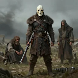 character with matchlock, viking in sad byzantine mask, concept art, grim dark fantasy stand infront of poor christian farmer.