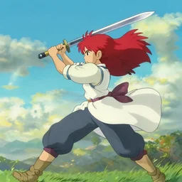 a warrior with long red hair quickly swinging her sword in a full arc, studio ghibli