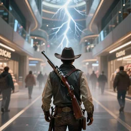 photo from behind of a cowboy, carrying a gun, on a futuristic shopping mall, cinematic lightning, ray tracing, unreal engine 5, photorealistic, 8 k, uhd, 4 k, ghost recon breakpoint game concept, extremely detailed, beautiful, elegant, intricate, foggy, in - game footage