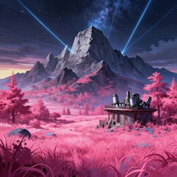 a beautiful very detailed anime illustration of urbex mountain by frederic edwin church, scumm bar retrowave infrared meadow landscape laser nightsky at dawn azeroth showers dieselpunk cyberpunk, archdaily, wallpaper, highly detailed, trending on artstation.