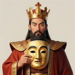 portrait of a king holding a mask, illustration, hyperrealistic octane render symmetrical