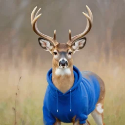 photoreal painting of a white-tailed deer wearing a blue hoodie