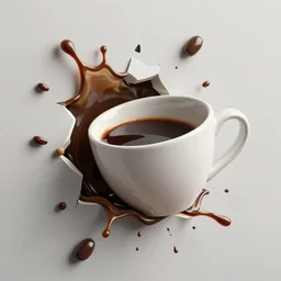 3D art, a coffee cup shattering against a wall, coffee splash, simulation, render, octane render, zbrush, ultra detailed