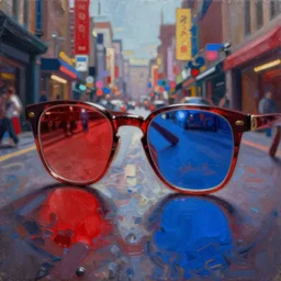 ( ( a beautiful 8 k photorealistic masterpiece oil painting ) ( of ( glasses with one lens red and one blue to colour the busy streets red and blue ) ) ) ( hyperrealism ) ( 1 6 k ) ( trending on artstation )