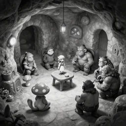 black and white one point perspective dungeon cozy fantasy dungeon The mushroom adventurer Fira and their plain conference of trolls are hiding in the ancient stable. artgerm and Craig Mullins, James Jean, Andrey Ryabovichev, Mark Simonetti and Peter Morbacher 16k