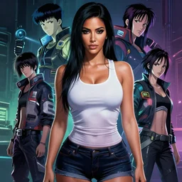 cyberpunk woman in tank top and shorts, very very anime!!!, fine - face, kim kardashian, realistic shaded perfect face, fine details. anime. realistic shaded lighting poster by ilya kuvshinov katsuhiro otomo ghost - in - the - shell, magali villeneuve, artgerm, jeremy lipkin and michael garmash and rob rey