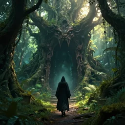 a wizard walking towards a ravenous, ominous portal to hades embedded in a creepy tree in a densely overgrown, magical jungle, fantasy, dreamlike sunraise, ultra realistic style, stopped in time, dreamlike light incidence