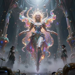A Weirdcore Mesmerizing biomorphic Empress Queen of Cosmic Creation, floating in forgotten Sentient iridescent mycelum solarpunk cathedral, Surrounded in Mist By Dean Ellis, Ayami Kojima, Greg Tocchini, James Jean,Yoshitaka Amano. Octane Render.