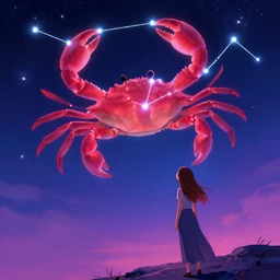 a girl looking at the stars, a giant crab constellation displays in the sky, rossdraws, ilvya kuvshinov, artstation, maya, pixar, engine, vibrant colors