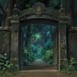gate portal with another world visible inside in studio ghibli style, dreamy, mystical, dark