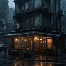 exterior of the only open restaurant in a dark rainy melancholy cyberpunk city by de chirico
