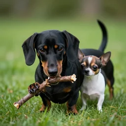 black dachshund Chihuahua with white chest in grass chewing on stick, photorealistic, realistic 4k octane beautifully detailed render, 4k post-processing, highly detailed, intricate complexity, epic composition, magical atmosphere, cinematic lighting, masterpiece, ultra hd