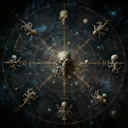 a map of celestial conquest and alien reproduction diagram, high detail, strange language, pictograms, dark fantasy, hdr, photorealistic