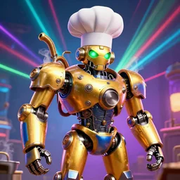 portrait photo of a giant golden and blue metal steampunk robot wearing a big chef hat, with steaming pots and pans and tubes and a futuristic barbeque grill, eyes are green lights, shiny crisp finish, 3 d render, 8 k, insaneley detailed, fluorescent colors, background is multicolored lasershow