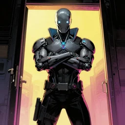 cybernetic bane crossed arms standing in a doorway cyberpunk comic book style