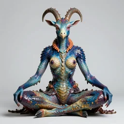 a portrait photograph of a meditating fierce sadie sink as a colorful harpy antilope super villian with slimy blue skin with reptilian scales. her body is transforming into an beast. by donato giancola, hans holbein, walton ford, gaston bussiere, peter mohrbacher and brian froud. 8 k, cgsociety, fashion editorial