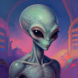 A psychedelic portrait of grey alien👽, digital art by Eugene de Blaas and Ross Tran, vibrant color scheme, highly detailed, in the style of romanticism, cinematic, artstation, Greg rutkowski