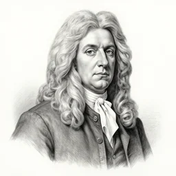 isaac newton famous physicist, pencil drawing, highly realistic