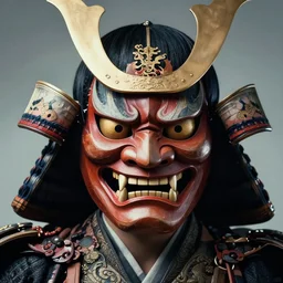 a portrait of powerful japanese samurai wearing monster mask, detailed face, face symmetry, character concept portrait by moebius and laurie greasley, profile picture, 8 k, cinematic color grading