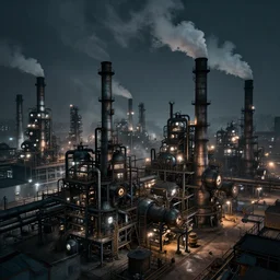 endless industrial megafactory complex, smokestacks, steampunk, smoke, night, gloomy