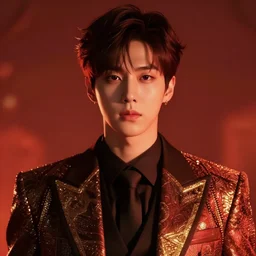 jungkook jeon as a vampire. wearing intricate styled suit, semi realism, anime realism, korean symmetrical face, slim face, appealing, bright eyes, slightly larger nose, photorealism, korean, korean uhd, amazing depth, glowing, golden ratio, sakimichan, greg rutowski, volumetric lighting, cinematic lighting, red orange lighting, artstation concept art