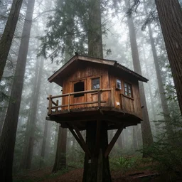 there is a treehouse, the treehouse is in a foggy redwood forest