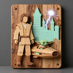 wooden jedi, speeder piloted by yoda, wooden board, mahogany, chateau, nordic pastel colors, perfect lightning