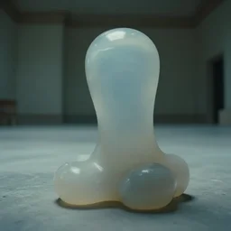 a strange huge translucent silicone objects sits in the empty spacious room, film still from the movie directed by denis villeneuve with art direction by zdzisław beksinski, close up, telephoto lens, shallow depth of field