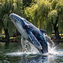 close up photo of a giant whale leaping out of in a lake on a fishing line, summer, lake, willow trees, trending, dynamic lighting, stark contrasts, detailed and intricate environment