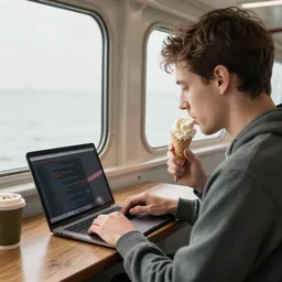 Man riding inside of a ferry works on a laptop writing code while eating ice cream