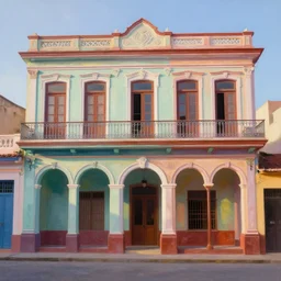 beautiful painting of cuban houses an storefront, colonial architecture, intricate and smooth colors, no characters, front view, trending in artstation, colorful octane render, dawn light, art style by michal sawtyruk