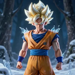 portrait focus of Super Saiyan beautiful 3D anime gir !!! posing, frozen ice !! dark forest background, snowing, bokeh, inspired by Masami Kurumada, digital painting, high contrast, unreal engine render, volumetric lighting, high détail