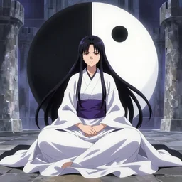 anime high priestess sitting. yin and yang, inside an castle