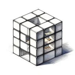 architectural concept drawing of a house shaped like a rubix cube by bugs zhou