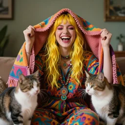 psychedelic woman with yellow hair laughing under a blur blanket cats around her