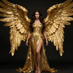 a beautiful woman archangel big golden wings, full body, 8 k, hyperrealistic, sharp focus, hyperdetailed, beautiful face, long dark hair, dark fantasy, fantasy portrait by laura sava