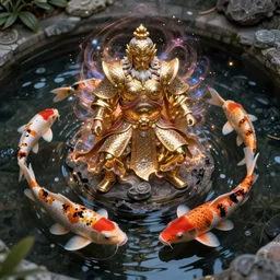 a koi pond for the koi gods in mystical armour, magical aura, flying particles, mystical