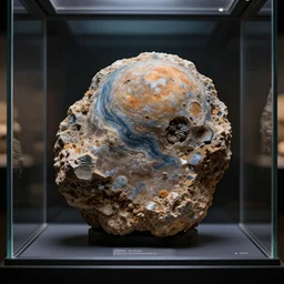 a rare mineral from another planet, museum sample, glass case, hdri, 4k, hyper-detailed render