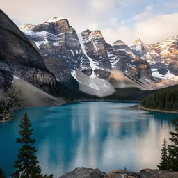 realistic photo of Moraine lake in Albert, Canada, beautiful lighting, 4k