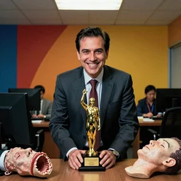 Smiling Corporate CEO in boldly colored office, he is surrounded by severed human body parts, award winning photo, intense palette, front flash, harsh shadows, sharp detail