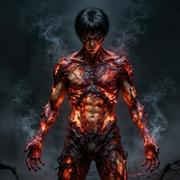 concept art of a man with his body covered in burns, with black smoke coming out of his hands, dark colors, sinister atmosphere, dramatic lighting, cinematic, establishing shot, extremely high detail, photo realistic, cinematic lighting, pen and ink, intricate line drawings, by Yoshitaka Amano, Ruan Jia, Kentaro Miura, Artgerm, post processed, concept art, artstation, matte painting, style by eddie mendoza, raphael lacoste, alex ross,