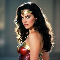 fantasy portrait of Lynda Carter as wonder woman with long black hair , backlit   , made by Stanley Artgerm Lau, WLOP, Rossdraws, ArtStation, CGSociety, concept art, cgsociety, octane render, trending on artstation, artstationHD, artstationHQ, unreal engine, 4k, 8k, sfw