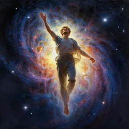 digital painting of a man ascending to galactical bliss, stars and nebulas behind, dynamic lighting, cinematic shot, concept art, sci - fi, fantasy, artstation, alphonse mucha, greg rutkowski