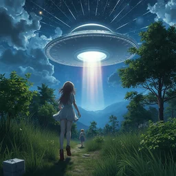 a film still of a 1 9 9 0's anime girls going out from ufo, hdr, full body mid shot, perfect art, trending on pixiv fanbox, painted by gaston bussiere, makoto shinkai, akihiko yoshida, craig mullins