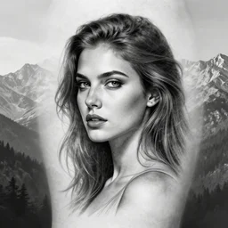 tattoo design sketch of the most beautiful woman portrait faded with a background of beautiful mountains on her side, hyper - realistic, double exposure effect, in the style of den yakovlev, amazing detail, black and white, faded