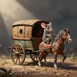 dessin d'un charriot a cheval, un souris anthropomorphique est le chauffeur