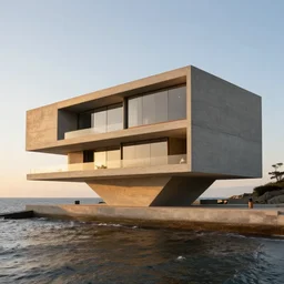modern concrete house built in the ocean, futuristic accents, golden hour, 4 k, built by frank lloyd wright, concept art