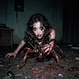 a woman turning into a cockroach monster, she stares at the camera, gross, creepy, 3 5 mm flash photography, dark room